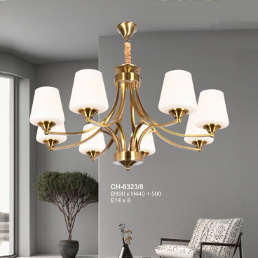 A - CH - 8323/8: Đèn chùm 8 tay chao thủy tinh - KT: Ø800mm x H440mm + 500mm - Bóng đèn E14 x 8 bóng