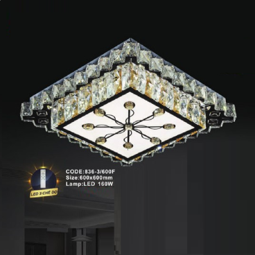 CODE: 836-3/600F: Đèn áp trần vuông LED - KT : L600mm x W600mm - Đèn LED 160W ánh sáng đổi 3 màu