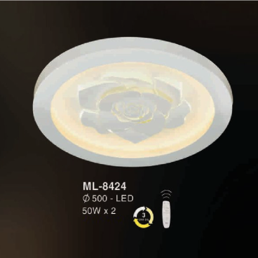E - ML - 8424: Đèn áp trần LED vuông - KT: Ø500mm  - Đèn LED 50W x 2 ánh sáng đổi 3 màu - Remote