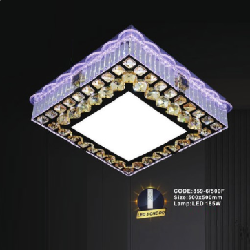 CODE: 859-6/500F: Đèn áp trần vuông LED - KT: L500mm x W500mm - Đèn LED 185W đổi 3 màu