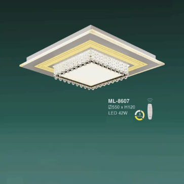 E - ML - 8607: Đèn áp trần LED Mica  vuông - KT: Ø550mm x H120mm - Đèn LED 42W ánh sáng đổi 3 màu - Remote