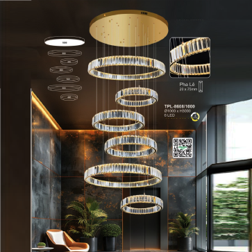 A - TPL - 8608/1000: Đèn thả 6 vòng Phale LED - KT: Ø1000mm x H3000mm - Đèn LED đổi 3 màu