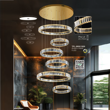 A - TPL - 8608/1000: Đèn thả 6 vòng Phale LED - KT: Ø1000mm x H3000mm - Đèn LED đổi 3 màu