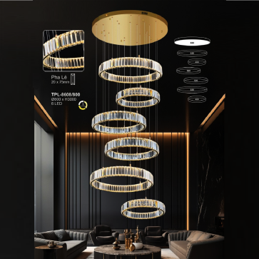 A - TPL - 8608/800: Đèn thả 6 vòng Phale LED - KT: Ø800mm x H3000mm - Đèn LED đổi 3 màu
