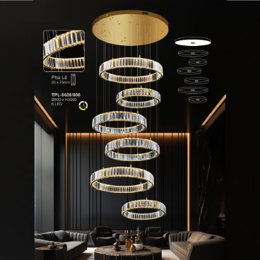 A - TPL - 8608/800: Đèn thả 6 vòng Phale LED - KT: Ø800mm x H3000mm - Đèn LED đổi 3 màu