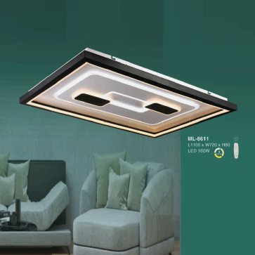 E - ML - 8611: Đèn áp trần LED Mica chữ nhật - KT: L1100mm x W720mm x H80mm - Đèn LED 160W đổi 3 màu - Remote
