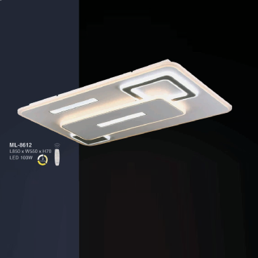 E - ML - 8612: Đèn áp trần LED Mica chữ nhật - KT: L850mm x W550mm x H70mm - Đèn LED 100W đổi 3 màu - Remote