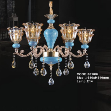 CODE: 8616/6: Đèn chùm 6 tay chao thủy tinh - KT: Ø680mm x H510mm - Bóng đèn E14 x 6 bóng