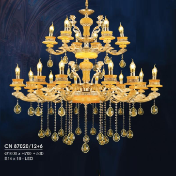 HF - CN 87020/12+6: Đèn chùm nến 18 tay, chao đá - KT: Ø1000mm x H700mm + 400mm - Đèn nến chân E14 x 18 bóng + Đèn LED