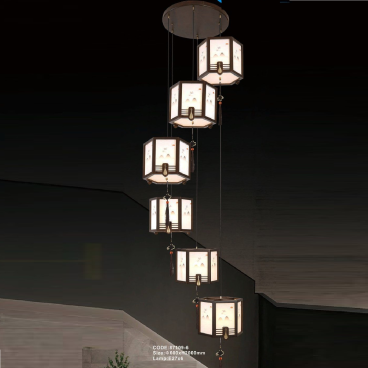 CODE: 87109-6: Đèn thả Gỗ 6 bóng - KT: 600mm x H2000mm - Bóng đèn E27 x 6 bóng