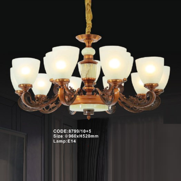 CODE: 8799/10 + 5: Đèn chùm 15 tay chao thủy tinh - KT: Ø960mm x H520mm - Bóng đèn E14 x 10 bóng