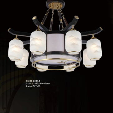 CODE: 8806-8: Đèn chùm thả chao thủy tinh 8 tay - KT: Ø1000mm x H1000mm - Bóng đèn E27 x 13 bóng