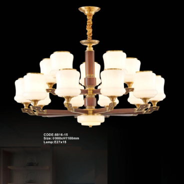 CODE: 8816-15: Đèn chùm 15 tay, chao thủy tinh - KT: Ø900mm x H1100mm - Bóng đèn chân E27 x 15 bóng