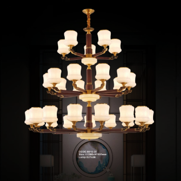 CODE: 8816-30: Đèn chùm 30 tay, chao thủy tinh - KT: Ø1300mm x H1800mm - Bóng đèn chân E27 x 30 bóng