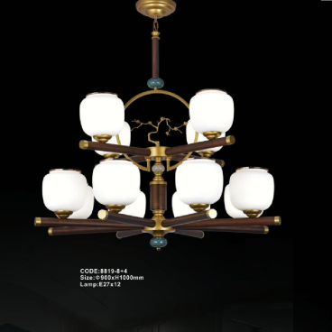 CODE: 8819-8+4: Đèn chùm 12 tay, chao thủy tinh - KT: Ø900mm x H1000mm - Bóng đèn E27 c 12 bóng