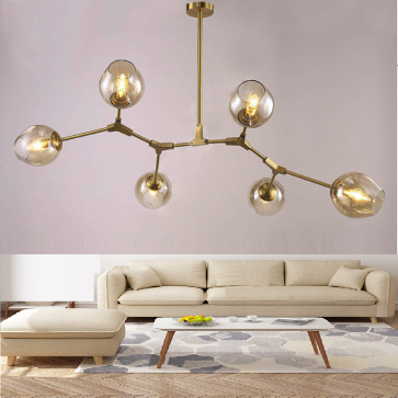 VE - T - 882/6: Đèn chùm 6 bóng, thân sơn vàng, chao thủy tinh màu trà - KT: 800mm x H800mm - Bóng đèn E27 x 6 bóng