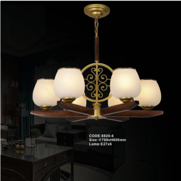CODE: 8820-6: Đèn chùm 6 tay, chao thủy tinh - KT: Ø700mm x H800mm - Bóng đèn E27 x 6 bóng