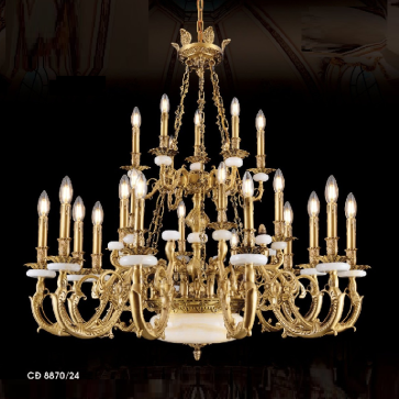 HF- CĐ 8870/24: Chùm đồng 24 tay, chao đá - KT: Ø1250mm x H1200mm + 450mm - Đèn chân E14 x 24 bóng