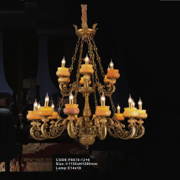 CODE: F8878/12+6: Đèn chùm đồng chao đá 18 tay - KT: Ø1150mm x H1200mm - Bóng đèn chân E14 x 18 bóng
