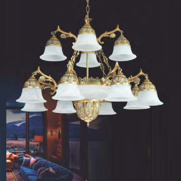 NC 8879/12: Đèn chùm 12 tay, chao thủy tinh - KT: Ø1000mm x H900mm +300mm - Bóng đèn E27 x 15 bóng