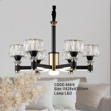 CODE: 888/6: Đèn chùm LED 6 tay, chao thủy tinh/Phale - KT: Ø620mm x H350mm - Đèn LED