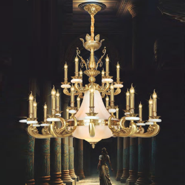 NC 8880/12+6+6:  Đèn chùm đồng 24 tay, chao thủy tinh - KT: Ø1250mm x H1000mm + 600mm - Bóng đèn chân E14 x 24 bóng + E 27 x 8 bóng