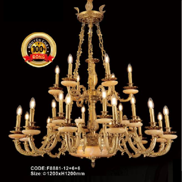 CODE: F8881/12+6+6:  Đèn chùm đồng 24 tay, chao đá vàng - KT: Ø1200mm x H 1200mm - Bóng đèn chân E14  x 24 bóng