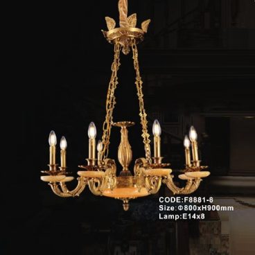 CODE: F8881/8:  Đèn chùm đồng 8 tay, chao đá - KT: Ø 800mm  x H900mm - Bóng đèn chân E14 x 8 bóng