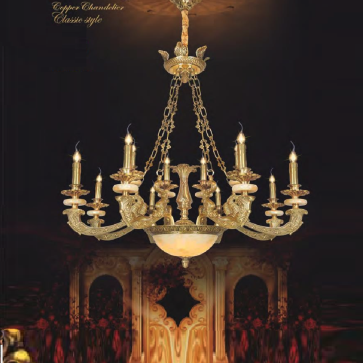 NC 8885/8+4:  Đèn chùm đồng 12 tay, chao đá - KT: Ø900mm x H900mm + 600mm - Đèn chân E14 x 12 bóng  + E 27 x 3 bóng