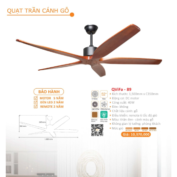 QViFa - 89: Quạt trần 5 cánh gỗ 6 tốc độ gió