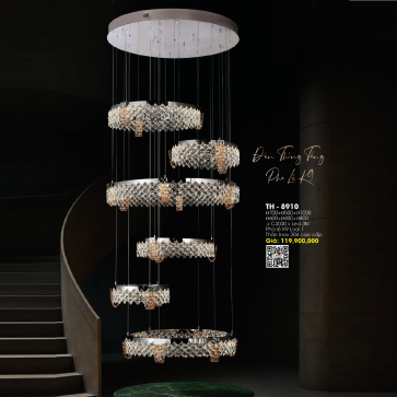 TH - 8910: Đèn thả 6 vòng LED Phale K9 cao cấp - KT: Ø(700+500+1000+600+400+800)mm x H3000mm - Đèn LED đổi 3 màu