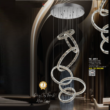 TH - 8911: Đèn thả 6 vòng LED Phale K9 cao cấp - KT: Ø(500+600+800+600+700+500)mm x H2800mm - Đèn LED đổi 3 màu