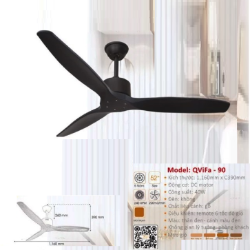 QViFa - 90: Quạt trần 3 cánh gỗ tự nhiên