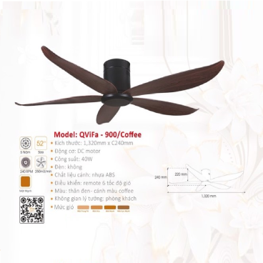 QViFa  - 900/Coffee:  Quạt trần  5 cánh Nhựa gắn sát trần màu Coffee