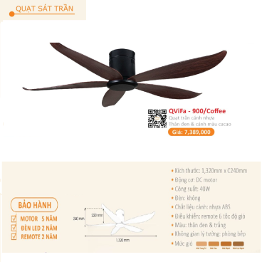 QViFa - 900/Coffee: Quạt trần gắn sát trần 5 cánh nhựa