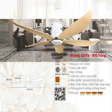 QViFa  - 900/Vàng:  Quạt trần  5 cánh Nhựa gắn sát trần màu Vàng