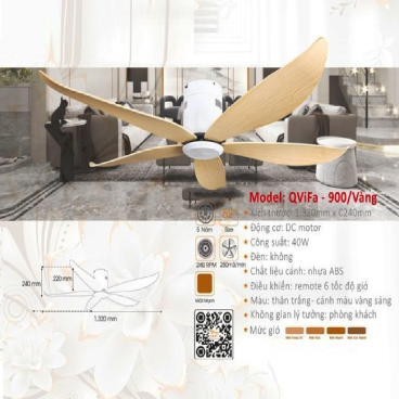 QViFa  - 900/Vàng:  Quạt trần  5 cánh Nhựa gắn sát trần màu Vàng
