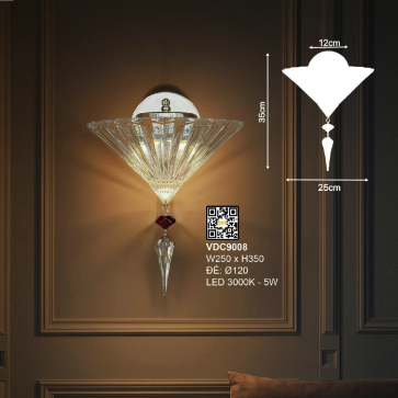 VDC9008: Đèn gắn tường chóa thủy tinh - KT: W250mm x H350mm - Đèn LED 5W ánh sáng vàng 3000K