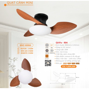 QViFa - 904: Quạt trần đèn 3 cánh nhựa mini