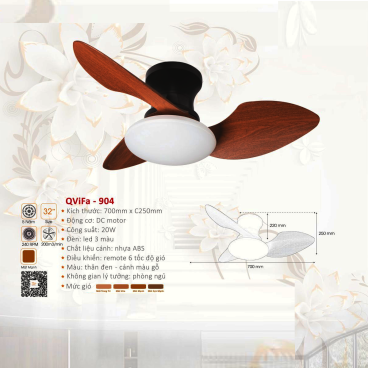 QVifa-904: Quạt trần đèn LED 3 cánh nhựa ABS