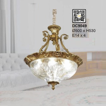 35 - CD9049: Đèn thả đồng, chao thủy tinh - KT: Ø500mm x H530mm - Bóng đèn E14 x 4 bóng