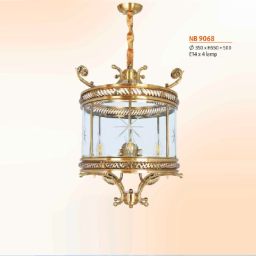 NB 9068: Đèn thả đồng - KT: Ø350mm x H550mm +500mm - Bóng đèn E14 x 4