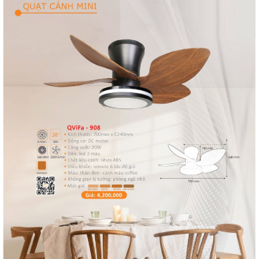 QViFa - 908: Quạt trần đèn 4 cánh nhựa mini