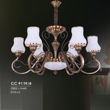 HF - CC 9119/6: Đèn chùm 6 tay - KT: Ø850mm x H440mm - Bóng đèn E27 x 6 bóng , đèn LED chao đáy