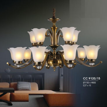 HF - CC 9120/15: Đèn chùm 15 tay, chao thủy tinh - KT: Ø1100mm x H600mm - Bóng đèn E27 x 15 bóng