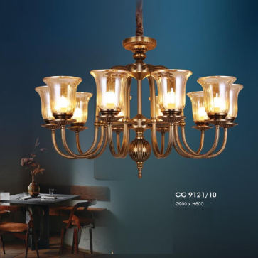 HF - CC 9121/10: Đèn chùm 10 tay, chao thuỷ tinh - KT: Ø900mm x H600mm - Bóng đèn E27 x 10 bóng