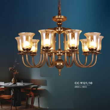 HF - CC 9121/10: Đèn chùm 10 tay, chao thuỷ tinh - KT: Ø900mm x H600mm - Bóng đèn E27 x 10 bóng