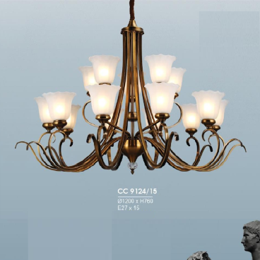 HF - CC 9124/15: Đèn chùm 15 tay, chao đèn thủy tinh - KT: Ø1200mm x H760mm - Bóng đèn E27 x 15 bóng
