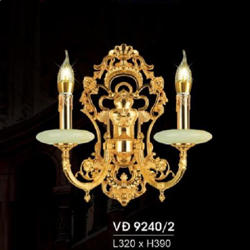 HF - VĐ 9240/2: Đèn vách đồng đôi, chén đá - KT: L320mm x H390mm - Đèn chân E14 x 2 bóng
