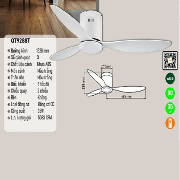 QT9288T: Quạt trần 3 cánh nhựa màu trắng